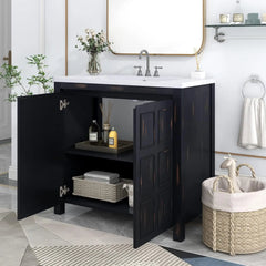 36 in Bathroom Vanity with Sink, 2 Doors and Adjustable Shelf, Wood Bathroom Sink Cabinet, Black