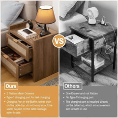 Rattan Nightstands with Type-C Charging Station & 2 Rattan Drawers - Boho Bed Side End Table for Small Space