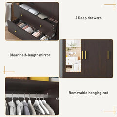 3 Doors Armoire Wardrobe Closet with Mirror, LED Armoire with Doors and Drawers, Wooden Armoire Storage Cabinet with Hanging Rod