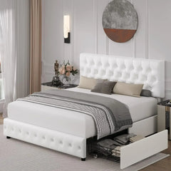 Bed Frame with 4 Storage Drawers and Adjustable Headboard, Upholstered Platform Bed with Button Tufted Design, Strong Wood