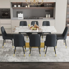 71'' Dining Table Set for 8, Modern Kitchen Table with 8 PU Leather Chairs, Marble Dining Table Set