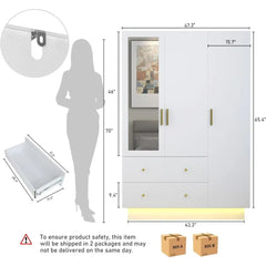 3 Door Wardrobe Closet with Mirror & LED Lights, Bedroom Armoire with Drawers & Shelves, Modern Wooden Armoire Wardr