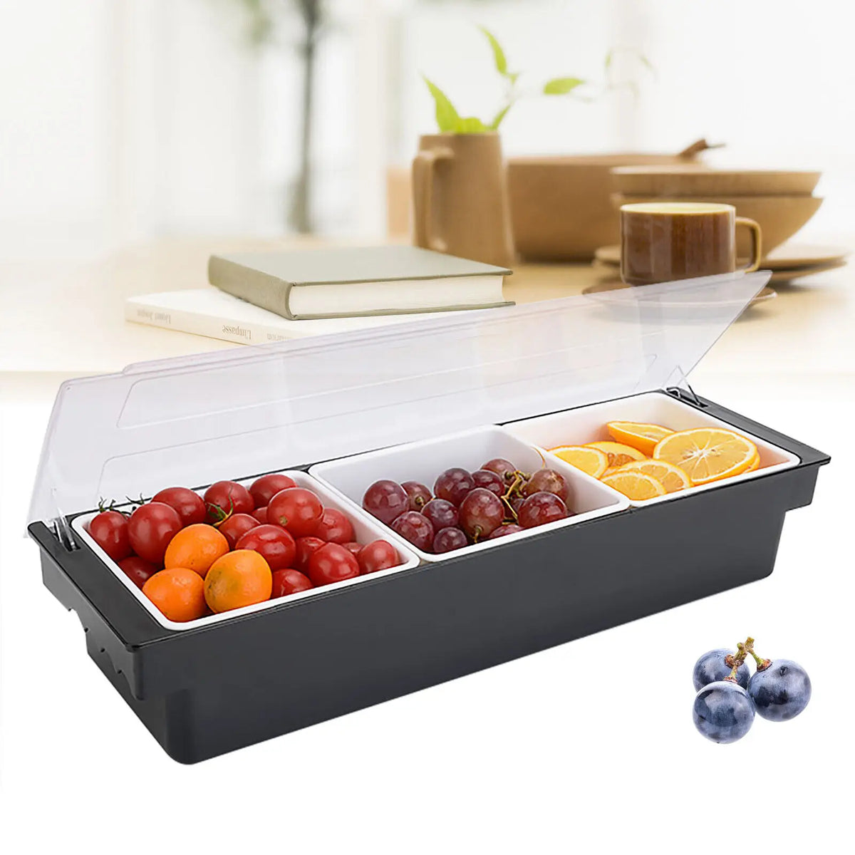 3/4/5 Compartment Fruit Caddy Tray Salad Bar Condiment Dispenser Plastic w/ Lid