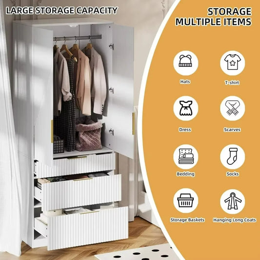 71.7" Wardrobe Armoire Closet with 2 Doors and 3 Drawers, Hanging Rod Shelf, Freestanding Wooden Closet Storage Cabinet