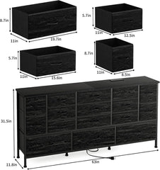 63.3”W TV Stand Dresser, 70''TV Stand with Power Outlets, Long Dresser with 16 Large Drawers, Fabric Chest of Drawers for Living