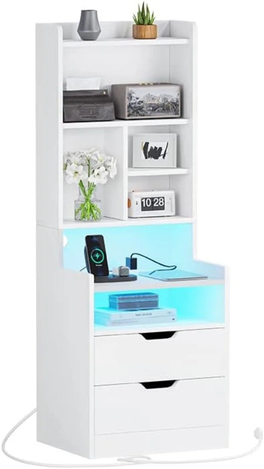 Tall Night Stand with Charging Station and LED Lights,White Nightstand with Bookshelf,Bedside Table with Drawers & Power Outlets