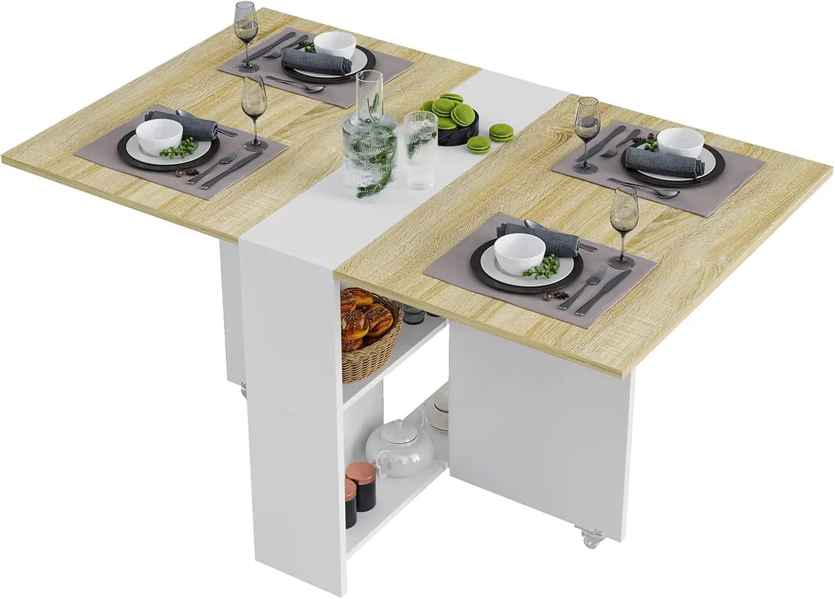 Folding Dining Table, Versatile Dinner Table with 6 Wheels and 2 Storage Racks, Space Saving  Table, Folding Kitchen Table