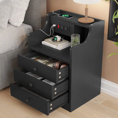 Nightstand with Charging Station,Black Night Stand for Bedroom,End Table with Hutch & Storage Drawers NEW USA