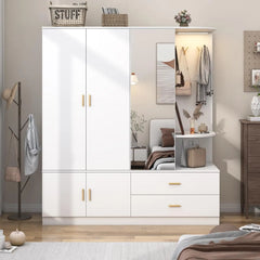 Armoire Wardrobe Closet with Mirror and Sensor Light, Bedroom Armoire with 5 Doors 2 Drawers, Modern Wooden Large Wardrobe