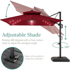 10x10ft 2-Tier Square Cantilever Patio Umbrella with Solar LED Lights, Offset Hanging Outdoor Sun Shade