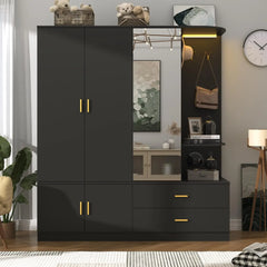 5 Doors Armoire Wardrobe Closet with Sensor Lamp and Mirror, 2 Drawers, 4 Hooks, 2 Hanging Rods, Large Wooden Armoire Closet