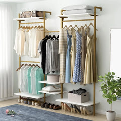 Wall Mount Clothes Rack with 4 Hanging Rods, Clothing Rack with 6-Tier Adjustable Shelves, Closet Storage Organizer System  Kit