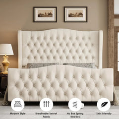 Queen Size 54.3” Tall Platform Bed Frame with Deep Button Tufted Wingback Headboard and Footboard, Velvet Upholstered Bed Frame