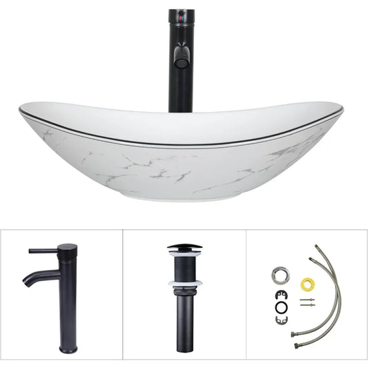 Countertop Sink Boat Shape Above Counter Porcelain Vessel Sink With Black Faucet and Pop Up Drain Combo Bathroom Furniture Home