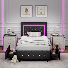 Full Size Bed Frame w LED Lights, Upholstered Bed Frame with 4 Storage Drawers,Platform Bed with Diamond Headboard and Footboard