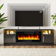 Fireplace TV Stand 70"Wooden TV Stand for TVs Up to 80"Media TV Console with High Gloss Storage Cabinet and 16 Colors LED Lights