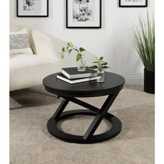 Modern Round Wood Coffee Table, 26 Inch Diameter, Black, Decorative Contemporary Transitional Coffee Table for Hosting