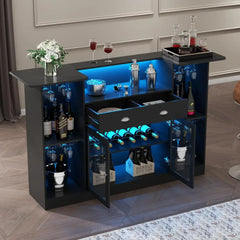 Bar Table Cabinet with LED & Drawer, Mini Liquor Bar with 8-Tier Storage & Stemware Holder, Crescent Shaped Counter for Home Pub