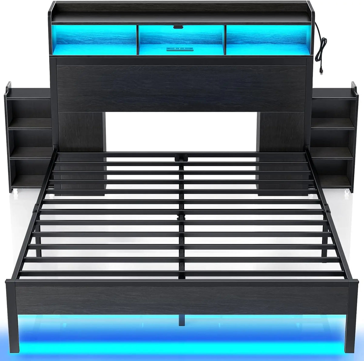 Bed Frame with Bookcase Storage Headboard,Slide Out Bedside Storage, Bed with Charging Station&LED Lights Heavy Duty Metal Slats