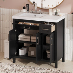 36" Black Bathroom Vanity Cabinet with Resin Integrated Sink - 2 Drawers, 3 Doors