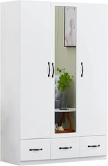 3 Door Closet Wardrobe, Armoire with 3 Drawer and Hanging Rod, Freestanding Closet Cabinet, Clothes Storage Organizer, Wardrobes