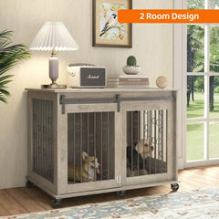 Dog Crate, End Table with Wheels and Flip Top Plate Dog House with Detachable Divider and Sliding Barn Door, Dog Crate