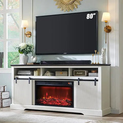 Fluted Fireplace TV Stand for TVs Up to 80 Inch with 30" Electric Fireplace, Modern Entertainment Center w/Waveform Panel Slidin