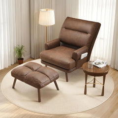 Lazy Accent Chair with Ottoman Set Indoor, Cozy Chaise Lounge Chairs Comfy Reading Book Chair with Ottomans Faux Leather