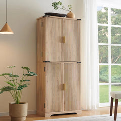 Fluted Pantry Cabinet,  Modern Storage Cabinet with 4 Doors, Organizer, Drawer and Adjustable Shelves, Wood Cupboard