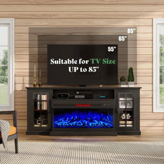 Fireplace TV Stand for TVs up to 85" Media Entertainment Center with Glass Door Closed Storage, 75in 3-Sided Glass Console Table