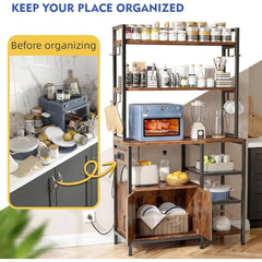 EnHomee Bakers Racks for Kitchens with Power Outlet, 6-Tier Microwave Stand with Storage Cabinet, Farmhouse Kitchen Coffee Bar