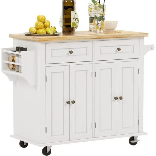 Kitchen Cabinets Rolling Kitchen Island Cart with Storage, Wooden Handcart with Spice and Towel Rack Kitchen Furniture