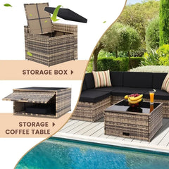 8PCS Outdoor Wicker Rattan Patio Furniture Sectional Set with Hidden Storage 7 Sofa Sections Oversized Cushions