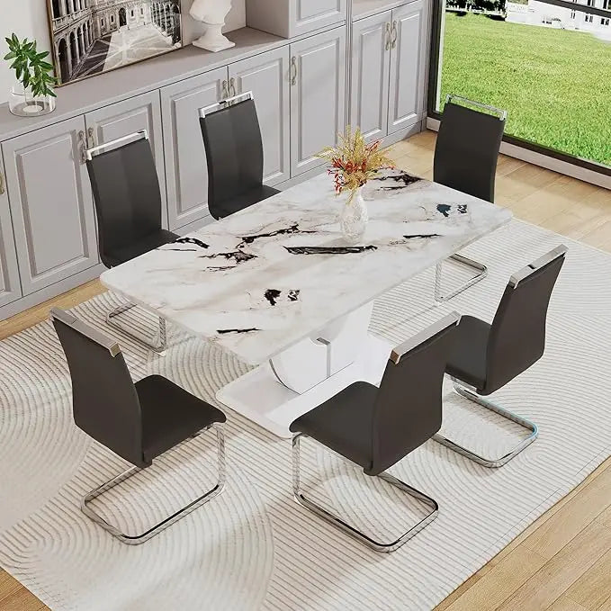 Dining Table Set for 6, Kitchen Table Chairs Set of 6, Modern Dining Room Set with 63'' Marble Dinner Table PU Leather Chairs