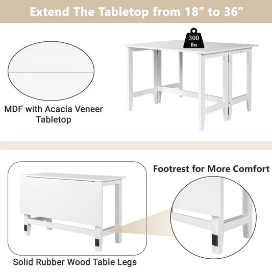 Farmhouse Wood Extendable Dining Table with Drop Leaf for Small Places, White