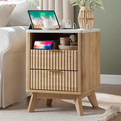 Groove Bedside Table with Charging Station, Artificial Marble Countertop, 2 Drawer Side Tables with Storage Space