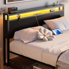 Bed Frame with 2 Storage Drawers & Headboard, Charging Station, Smart LED Lights, Luxury Double/Queen Bed, Man Cave Furniture