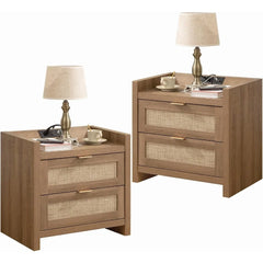 Rattan Nightstands with Type-C Charging Station & 2 Rattan Drawers - Boho Bed Side End Table for Small Space