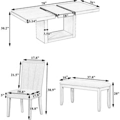 Dining Table Set for 6, Extendable Pedestal Dining Table W 4 Upholstered Chairs, 78 Inch Dining Table Set, 6 Pcs