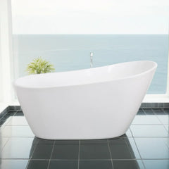 Glossy Acrylic Freestanding Soaking Bathtub with Chrome Overflow and Drain