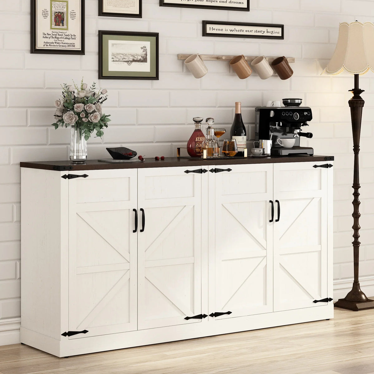 65 Inch Sideboard Buffet Cabinet with Storage, Farmhouse Kitchen Wooden Coffee Bar Buffet Table with Adjustable Shelves