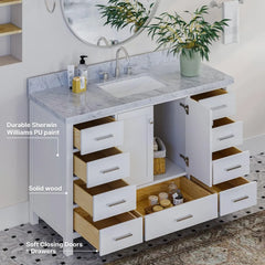 Bathroom Vanity with Edge Italian Carrara Marble Countertop & Backsplash, Center Rectangular Sink, Soft Closing Doors