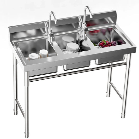 3 Compartment Freestanding Stainless Steel Utility Sink Commercial Kitchen Sink Laundry Basin with 2 Hot Cold Faucets + 3 Drains