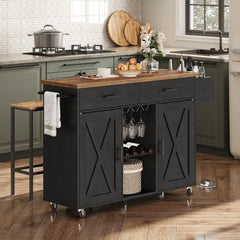 Kitchen Island with Storage, Rolling Kitchen Island Cart on Wheels, Kitchen Island Table with Charging Station, 2 Drawers