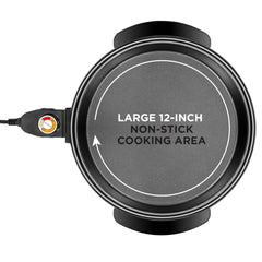 Electric Skillet 12 Inch Frying Pan with Non-Stick Coating, Temperature Control, Tempered Glass Lid, Cool-Touch Handles and Knob