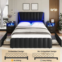 Full Size Bed Frame with Headboard and 4 Storage Drawers, Full Bed Frame with Led Lights & 2 USB Ports, Bed Frame