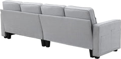 Linen Fabric Sofa with Armrest Pockets and 4 Pillows, Minimalist Style 4-Seater Couch for Living Room, Apartment