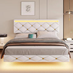 Floating Bed Frame King Size with Led Lights and USB Ports,Faux Leather Platform King Bed Frame with Headboard Easy To Assemble