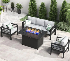 QLayinSun Aluminum Furniture with Fire Pit Table, 5 Pieces Patio Sectional Conversation Chat Sofa Modern Seating Set