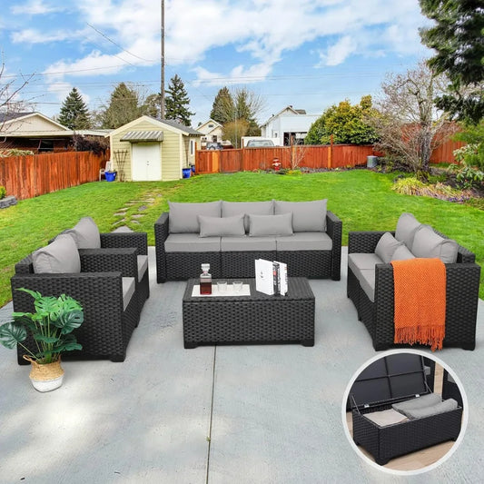 5-Piece Furniture Sofa Set, Outdoor Wicker Sectional Couch with Storage Table Non-Slip Cushions , Rattan Garden Furniture Sets